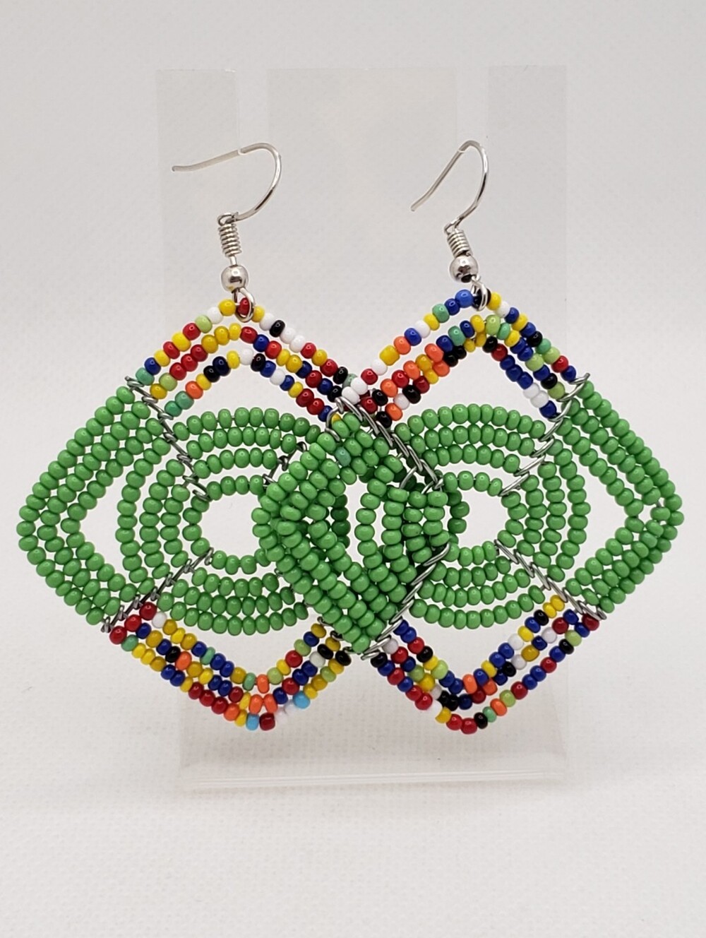Green Beaded Geometric Drop Earrings - Multicolor Accents